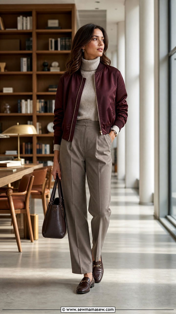 Burgundy Bomber Jacket With Taupe Trousers And Loafers - 25 how to style bomber jacket
