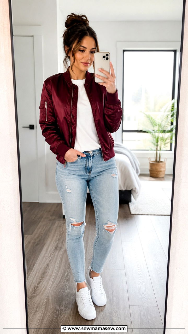 Burgundy Bomber Jacket With White Tee and Ripped Jeans - 25 Pilot outfit ideas