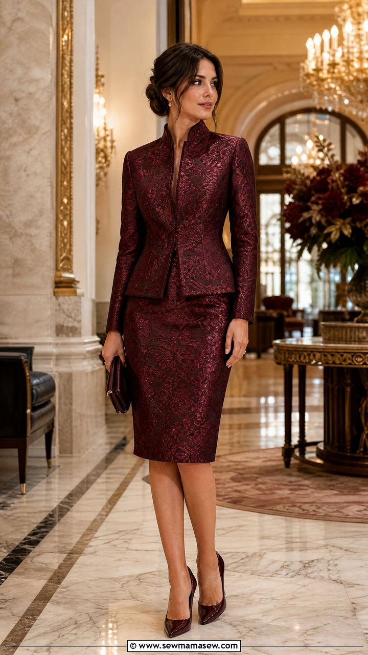 Burgundy Brocade Jacket And Pencil Skirt Set - 35 Matching set outfit ideas for wedding guest