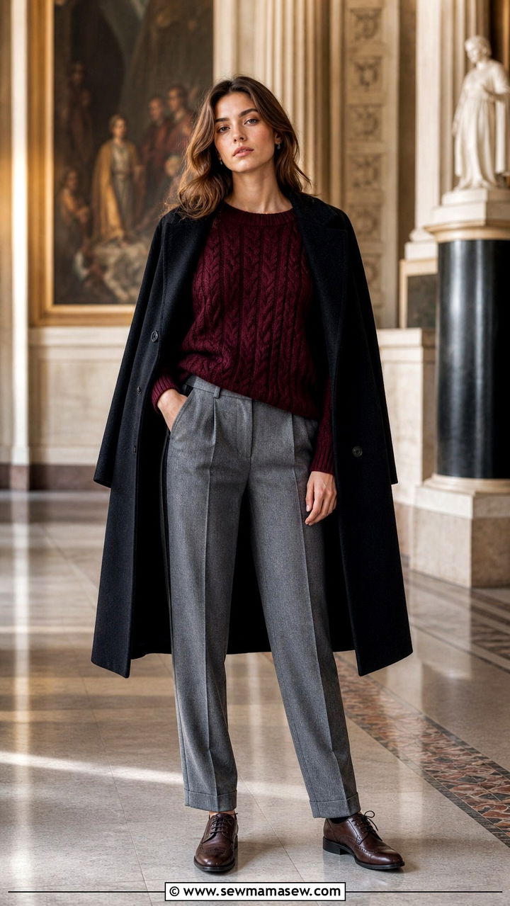 Burgundy Cable Knit Sweater With Grey Flannel Trousers - 40 light academia outfits for women
