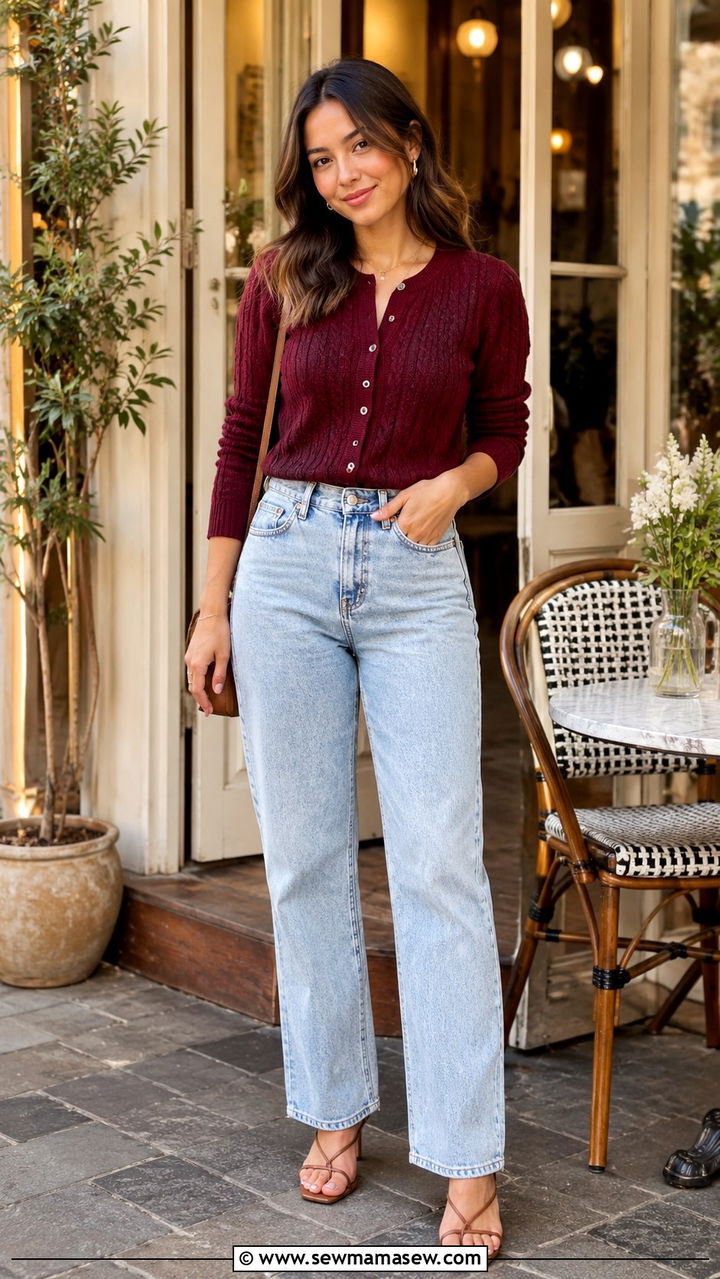 Burgundy Cable Knit Top Light washed Jeans - 30 casual outfits for short women