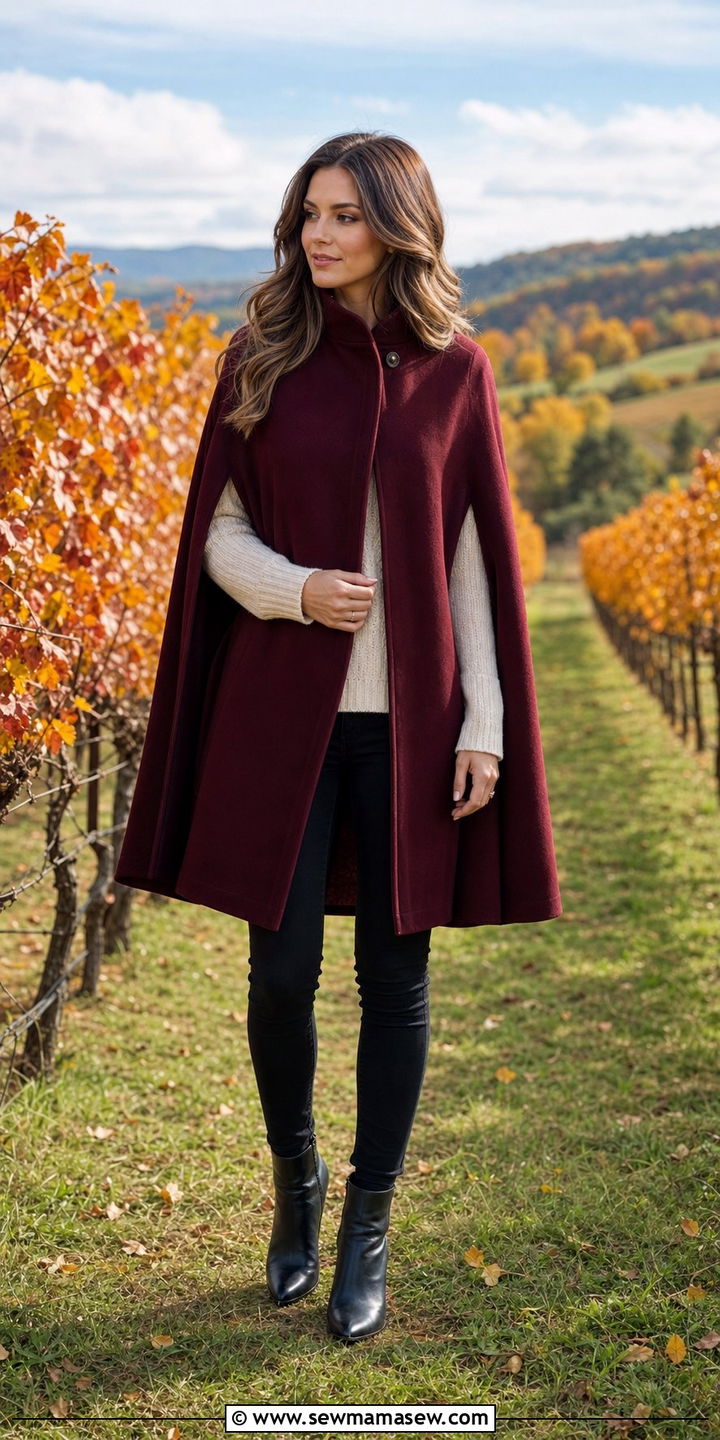 Burgundy Cape Coat with Dark Denim and Leather Boots - 35 Cape coat outfit ideas