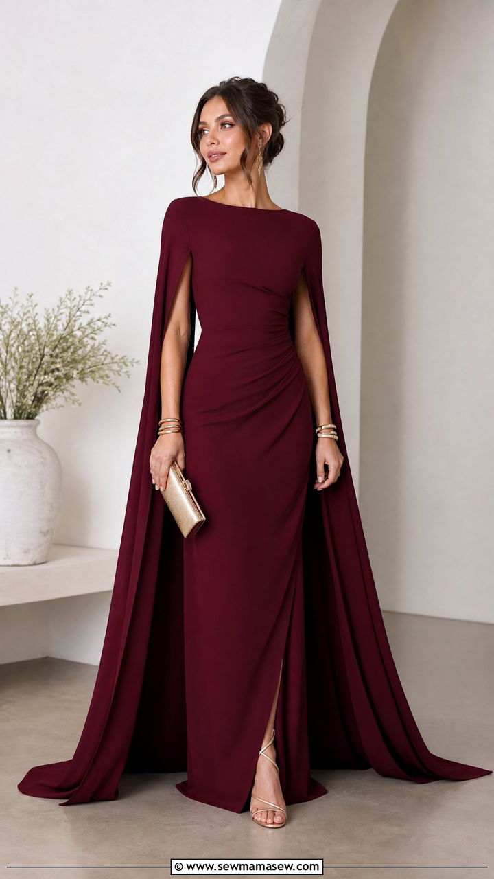 Burgundy Cape Dress With Strappy Sandals - 25 Burgundy wedding guest dress outfit ideas
