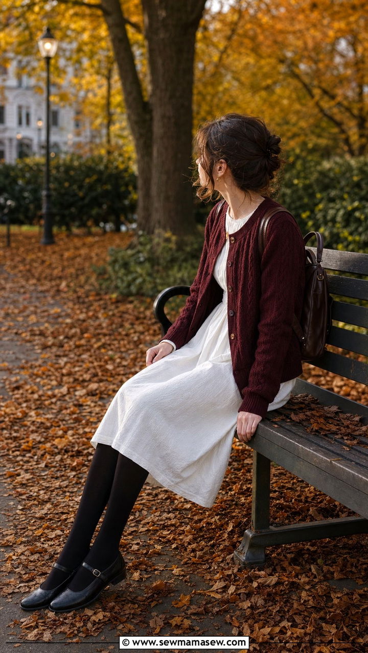 Burgundy Cardigan Over A White Cotton Dress - 25 dark academia capsule wardrobe outfits
