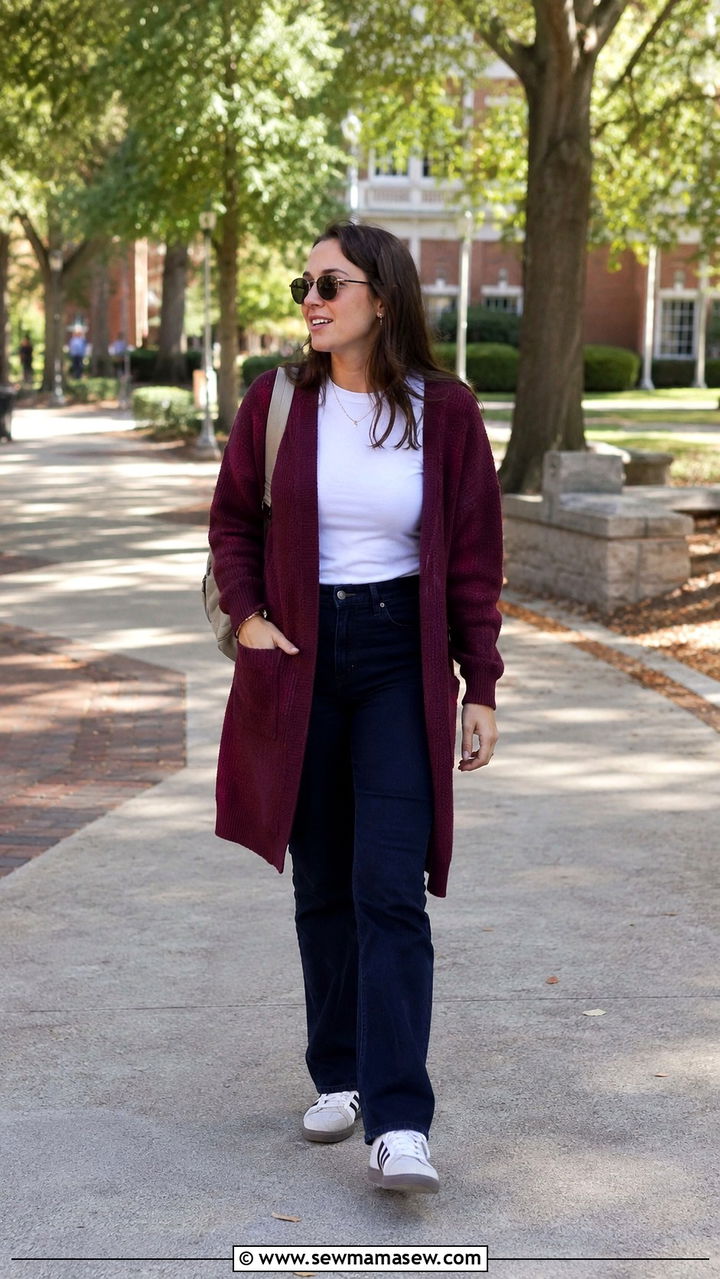Burgundy Cardigan With Dark Jeans And Adidas Sambas - 25 Professor outfit ideas