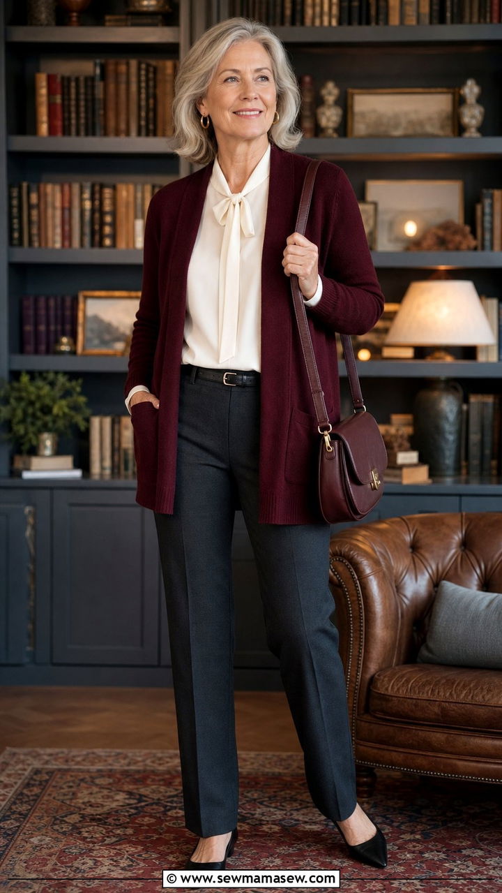 Burgundy Cardigan With Ivory Blouse and Dark Straight Trousers - 35 Business casual outfits for women over 60