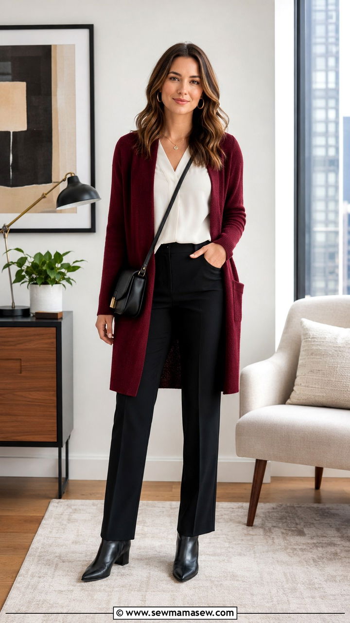 Burgundy Cardigan With Ivory Top And Black Pants Outfit - 30 casual business casual outfits