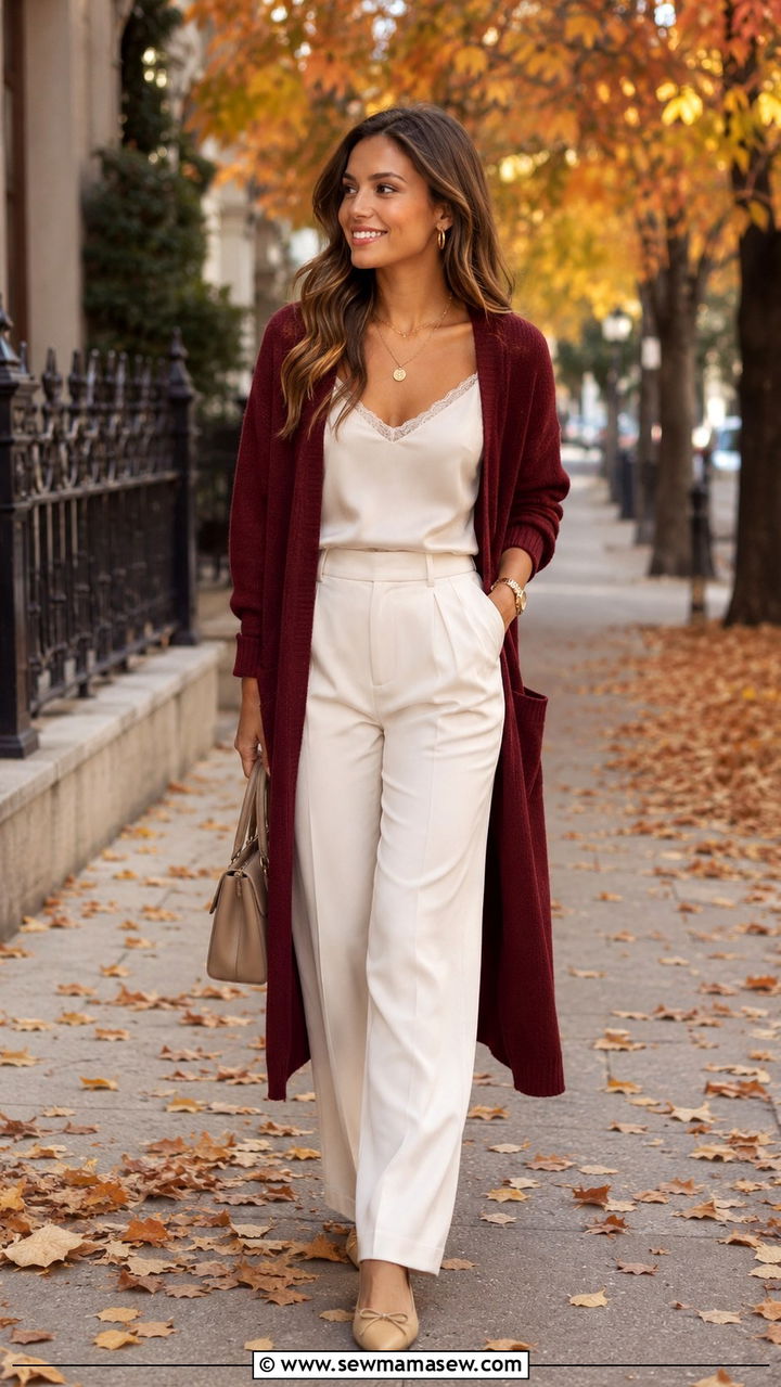 Burgundy Cardigan With Ivory Wide Leg Trousers - 30 classy outfits aesthetic