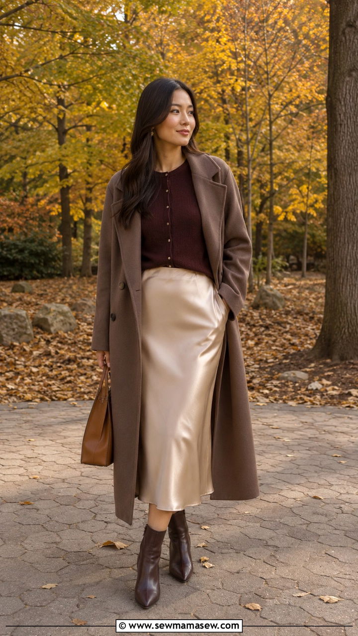 Burgundy Cardigan With Satin Skirt And Mocha Coat - 30 classy outfits ideas