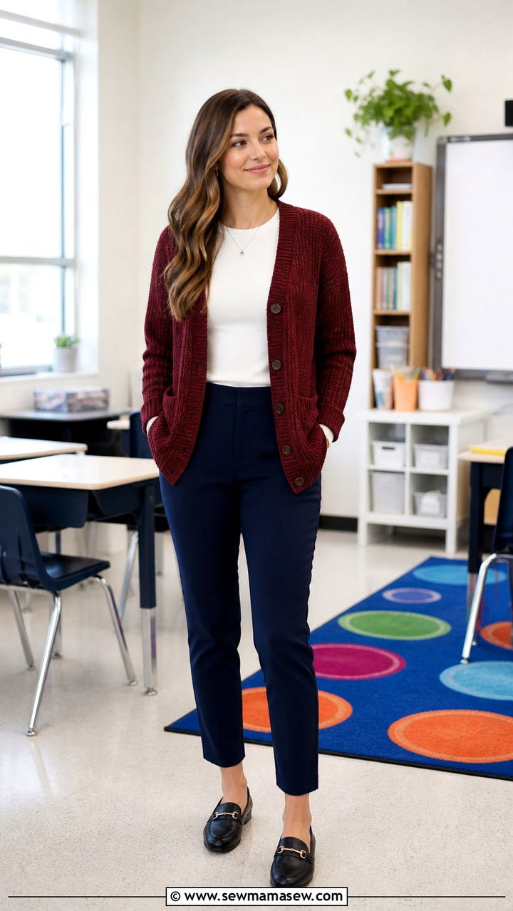 Burgundy Cardigan With White Long Sleeve Top And Navy Pants - 40 teacher outfits ideas