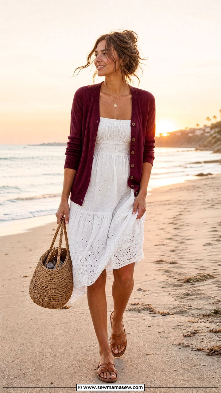 Burgundy Cardigan With White Sundress - 30 Summer outfits in burgundy
