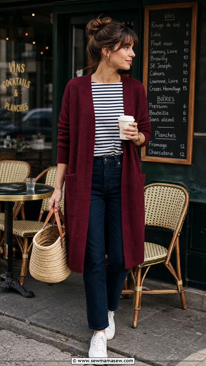 Burgundy Cardigan with Navy and White Striped Top - 25 Navy and burgundy outfit ideas