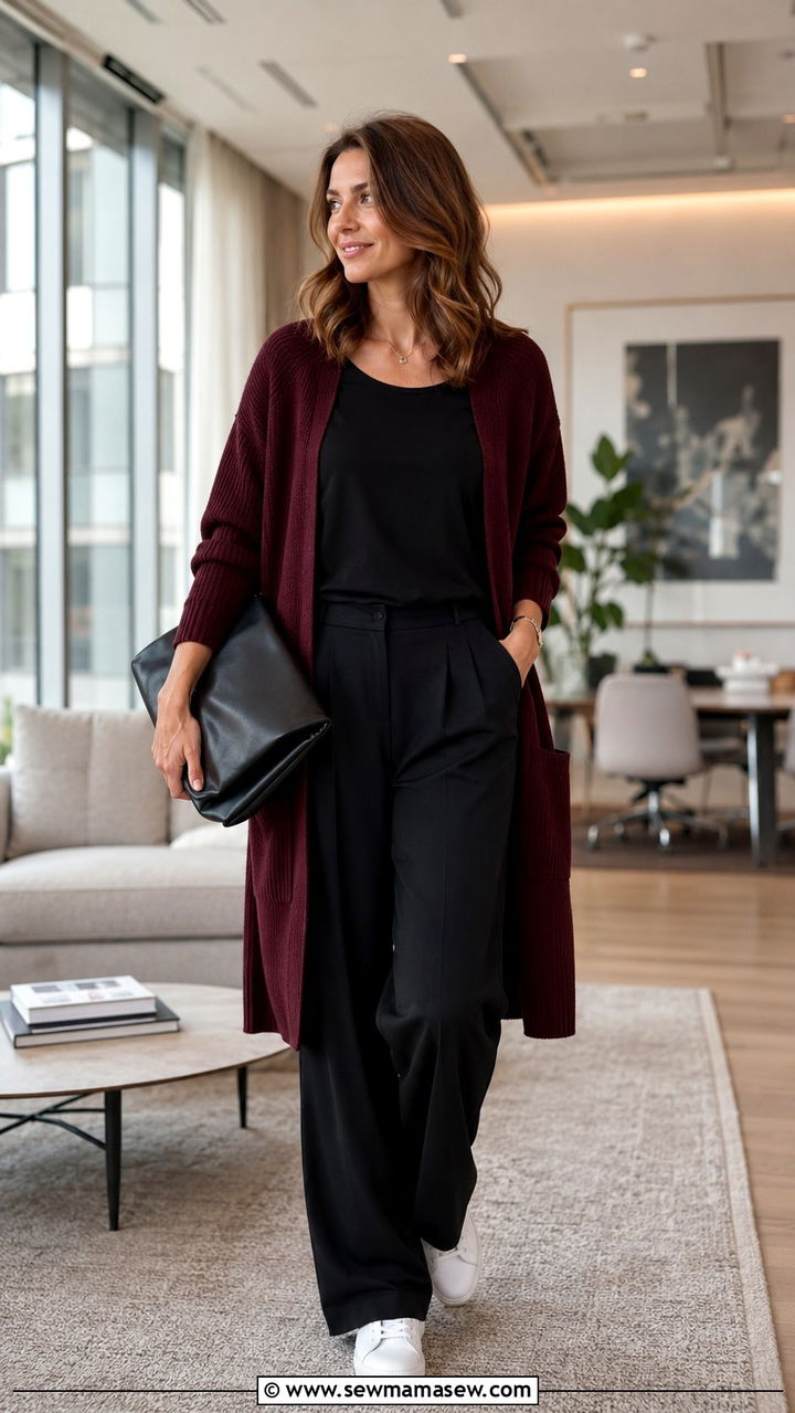 Burgundy Cardigan with Wide Leg Trousers - 30 Business casual outfits pinterest