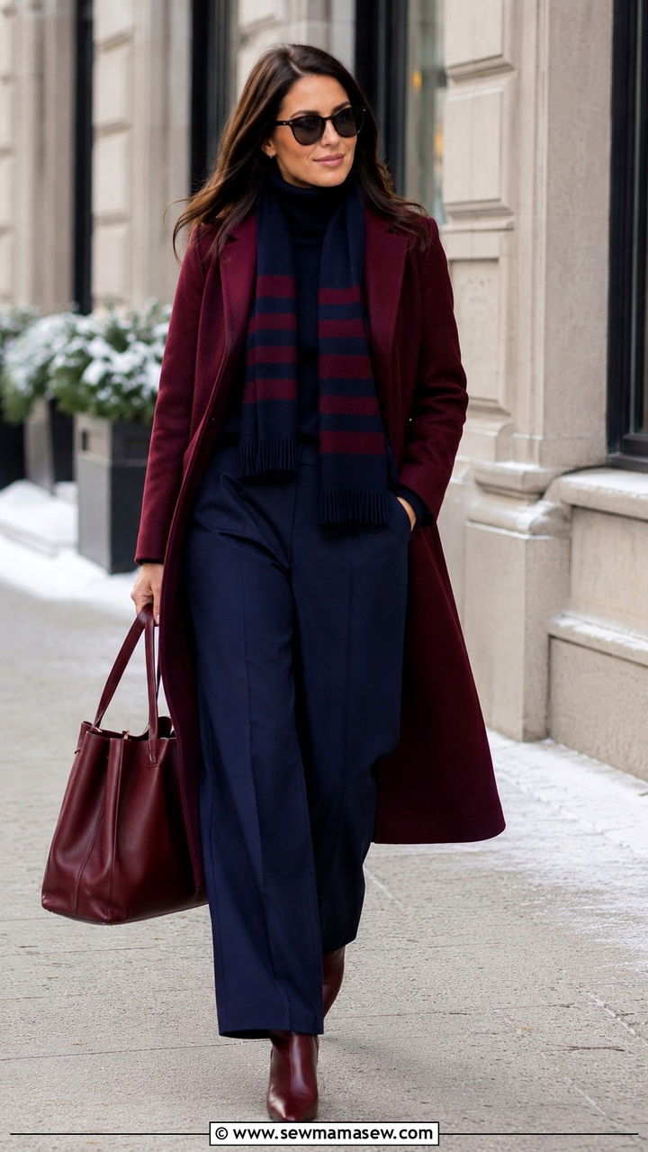 Burgundy Coat Over Navy Basics - 25 Navy and burgundy outfit ideas