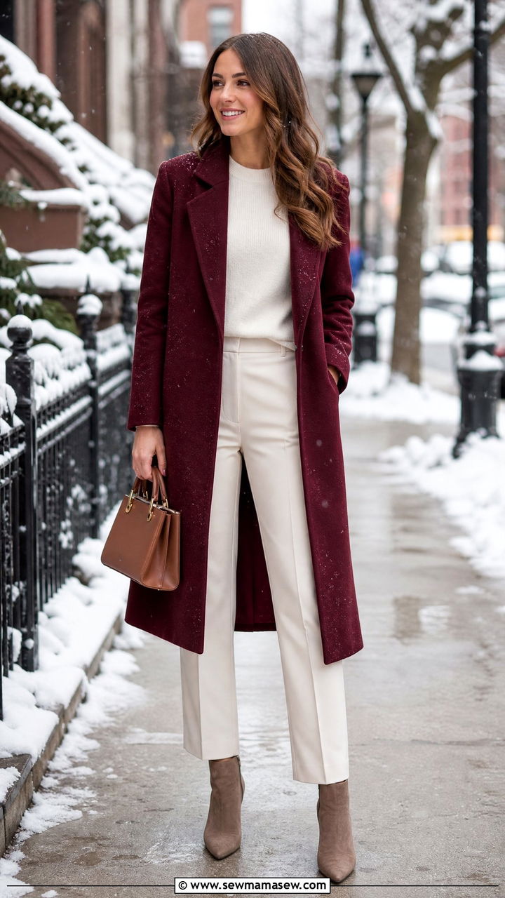Burgundy Coat With Neutral Layers And Suede Ankle Boots - 30 classy trendy outfits