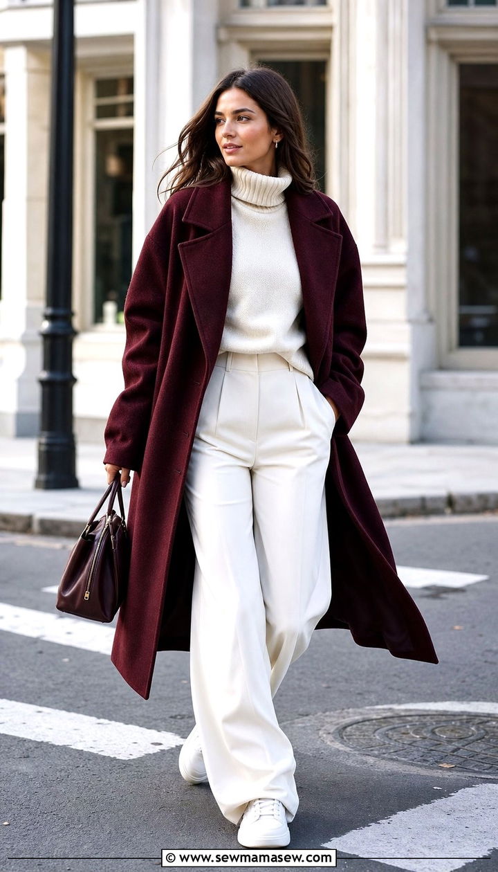Burgundy Coat with Neutral Layers Outfit - 35 Burgundy outfit ideas
