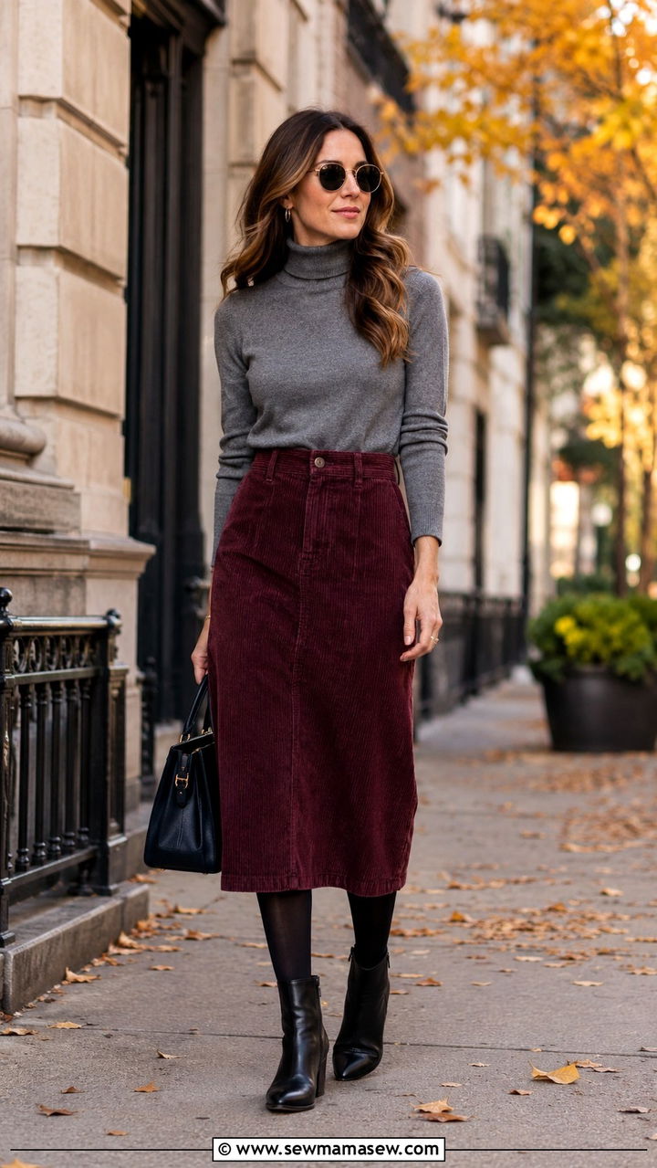 Burgundy Corduroy Midi Skirt with Gray Turtleneck - 30 Midi skirt outfit ideas for work