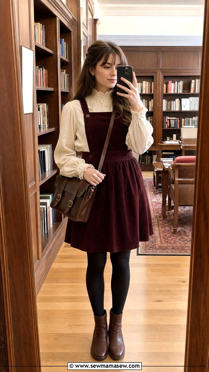 Burgundy Corduroy Pinafore Dress - 25 dark academia outfits aesthetic