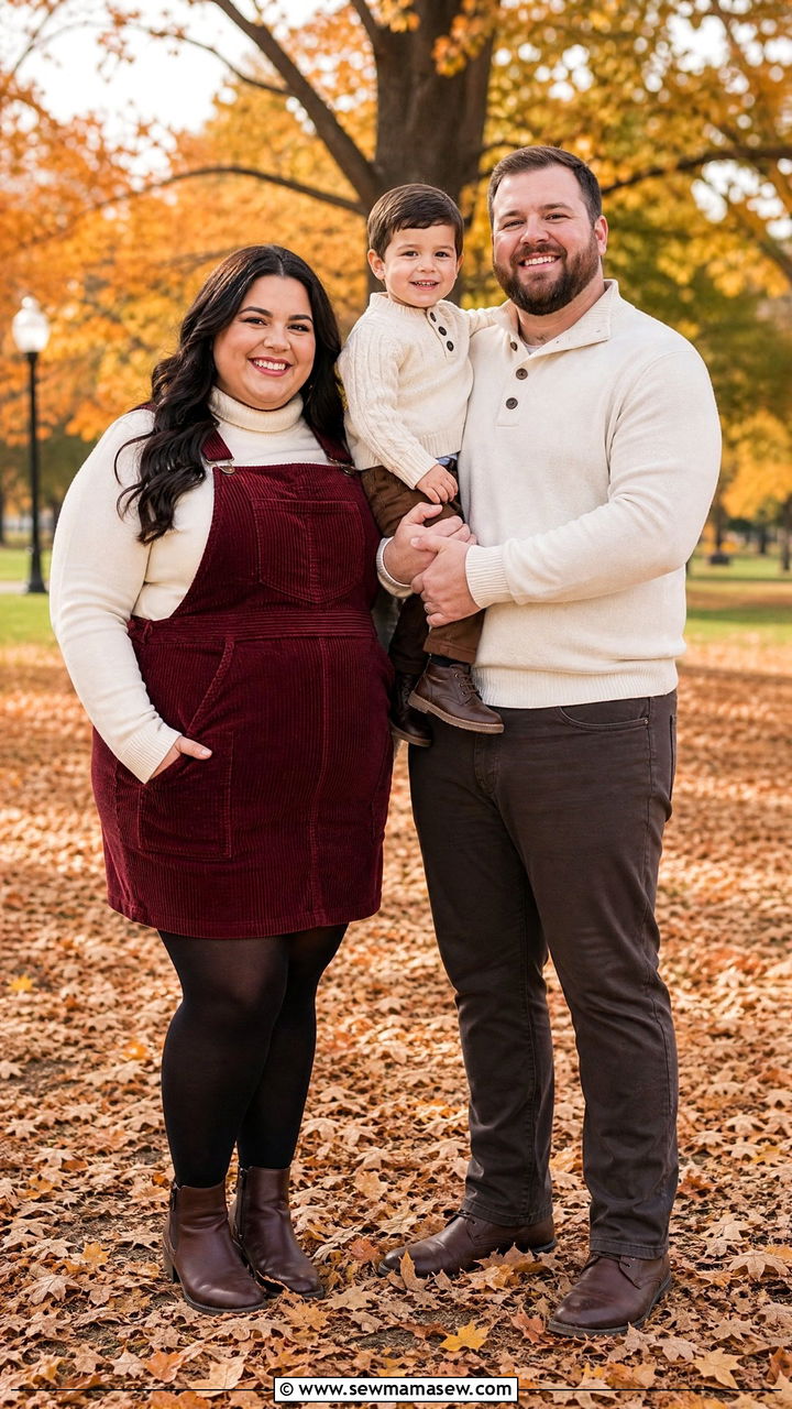 Burgundy Corduroy Pinafore With Cream Turtleneck - 30 Plus size outfit ideas for family photos