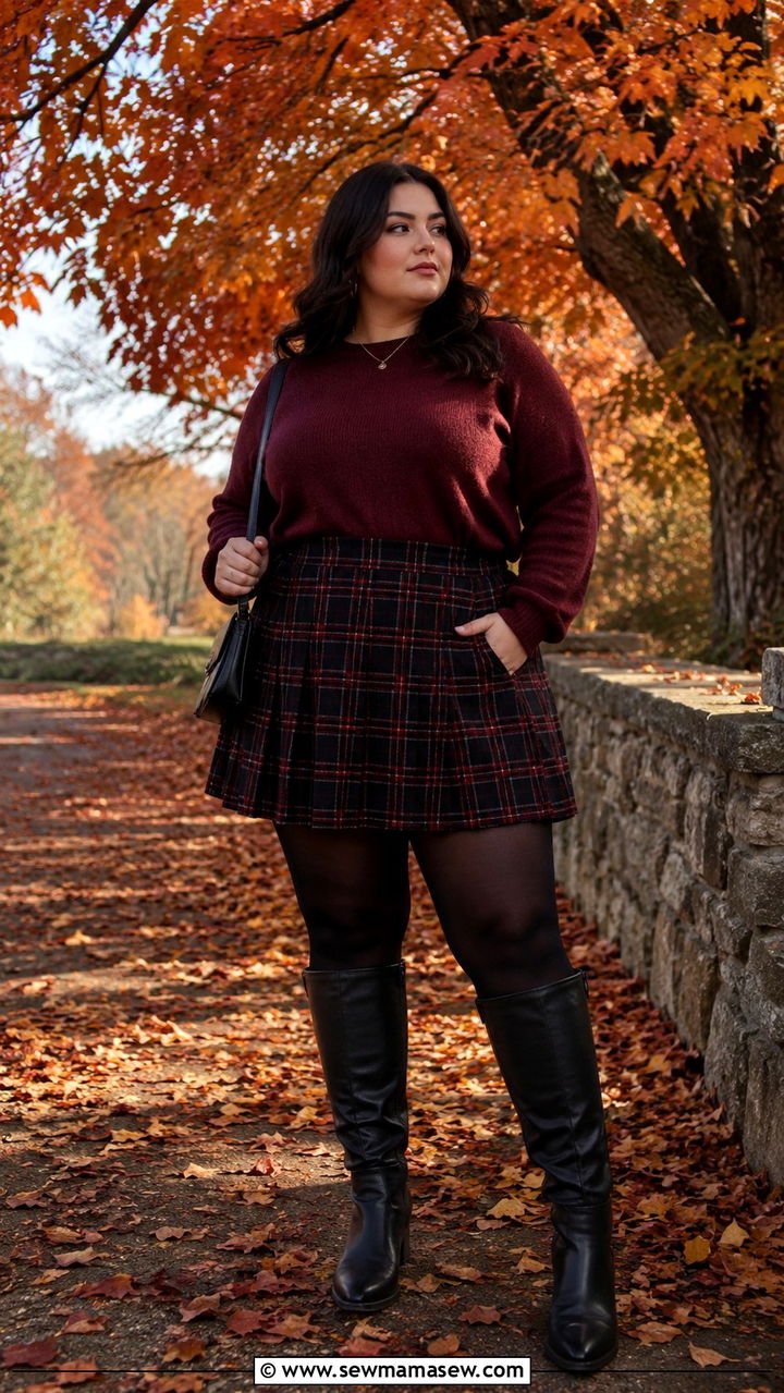 Burgundy Crewneck Sweater With Plaid Mini Skirt Tights And Knee High Boots - 20 Dark academia outfits for curvy women
