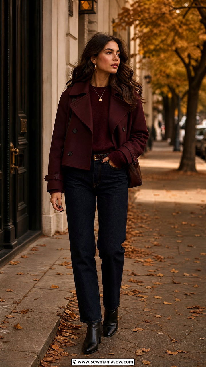 Burgundy Cropped Trench With Tonal Knitwear And Dark Denim - 30 cropped trench coat outfit ideas for women