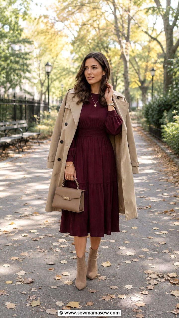 Burgundy Dress With Ankle Boots Outfit - 20 summer to fall outfits Pinterest