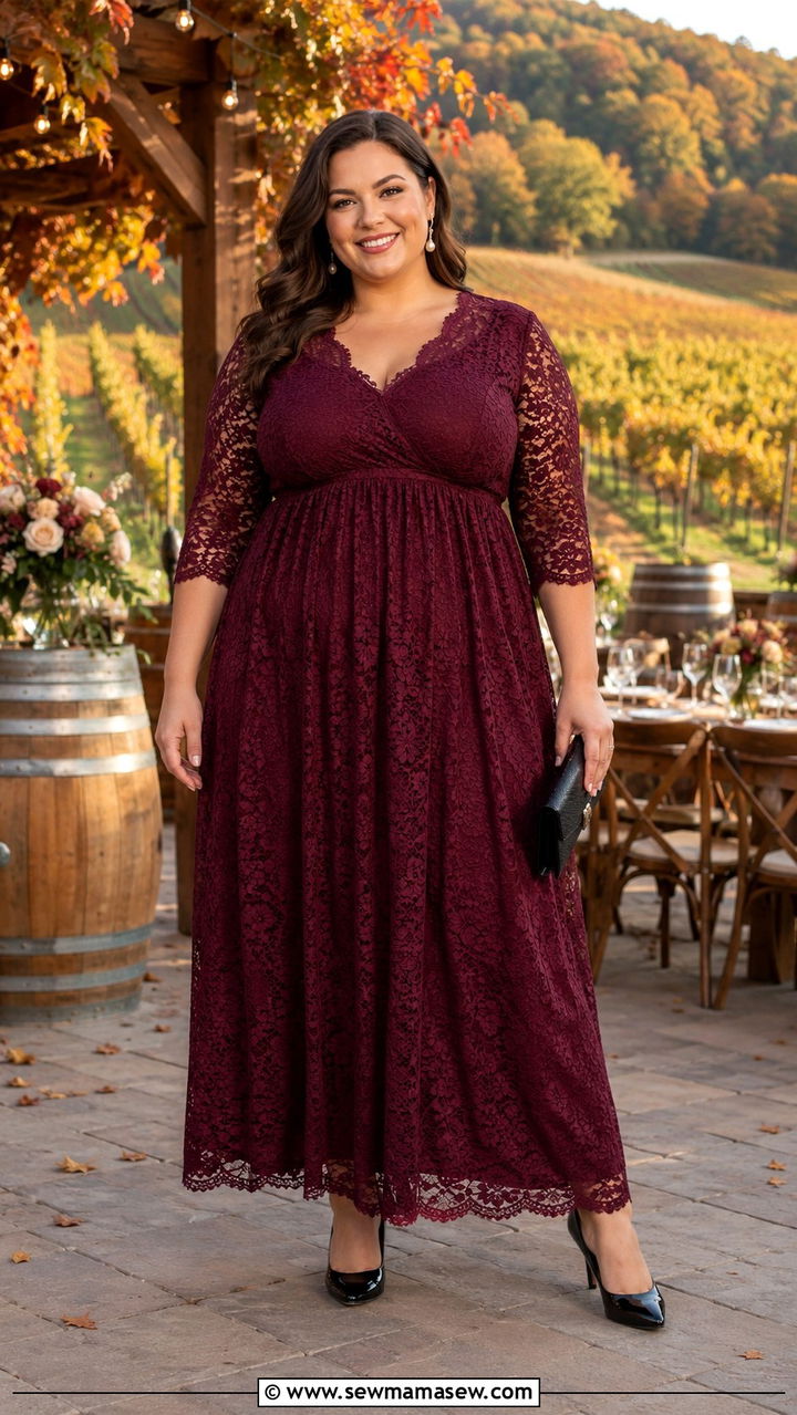 Burgundy Empire Waist Maxi Dress With Lace Overlay And Patent Pumps - 25 Wedding guest outfit ideas size 22