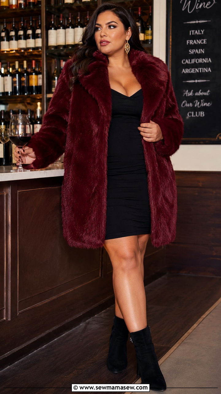Burgundy Faux Fur Coat With Black Bodycon Dress And Ankle Boots - 20 Mob wife aesthetic outfit ideas plus size
