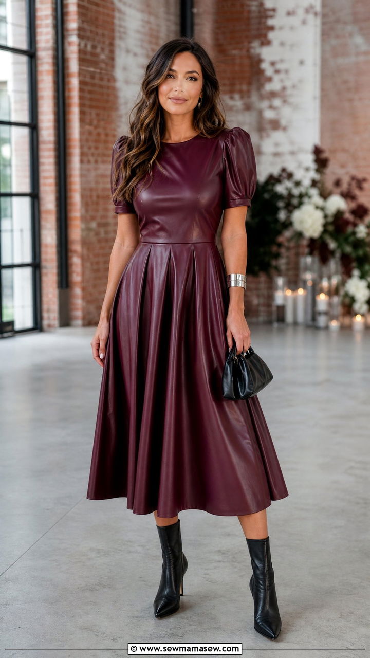 Burgundy Faux Leather Dress With Black Ankle Boots - 25 Burgundy wedding guest dress outfit ideas