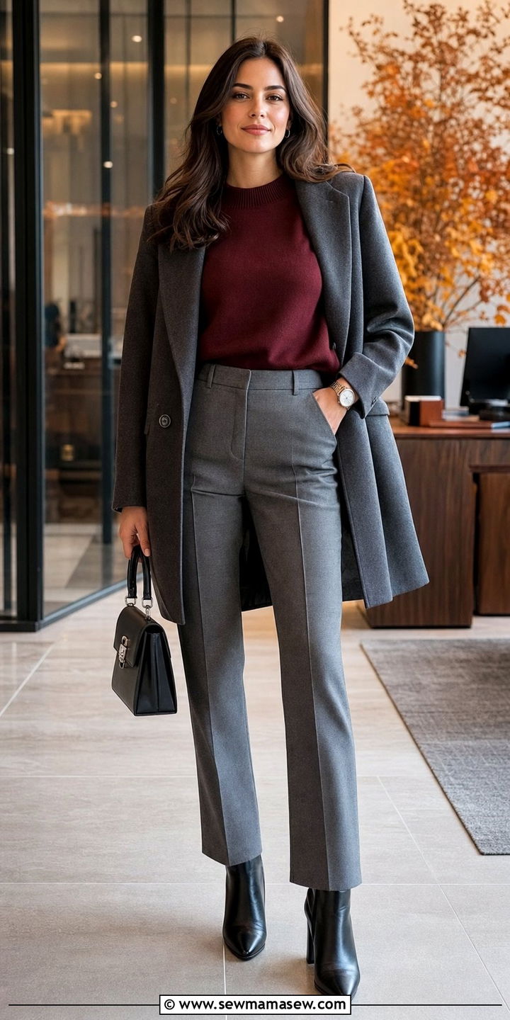Burgundy Fine Knit Sweater and Grey Tailored Trousers Work Outfit - 25 Stealth wealth outfit ideas for work