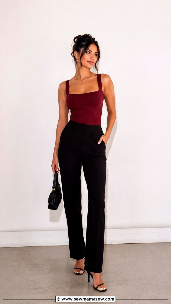 Burgundy Fitted Tank With Black Trousers and Heeled Sandals - 30 Spring outfits with tank top
