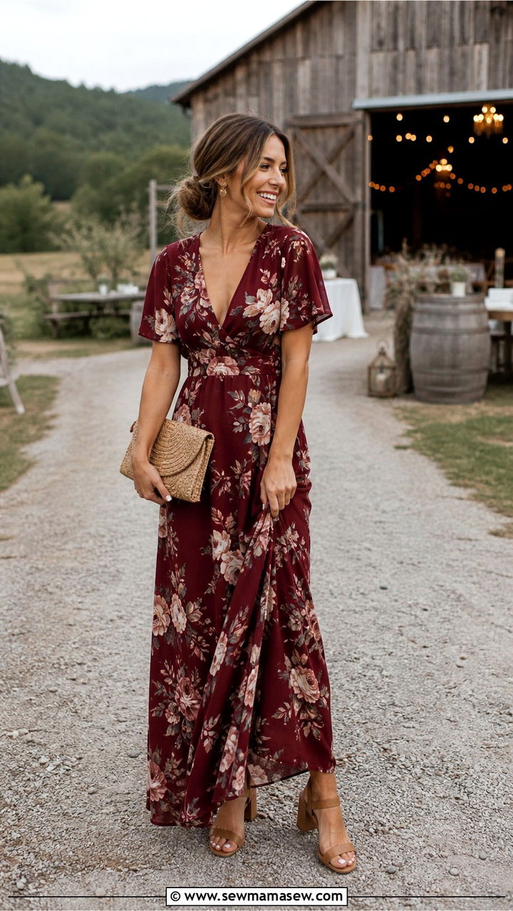 Burgundy Floral Maxi Dress Wedding Guest - 20 Wedding guest outfit ideas burgundy dress 2026