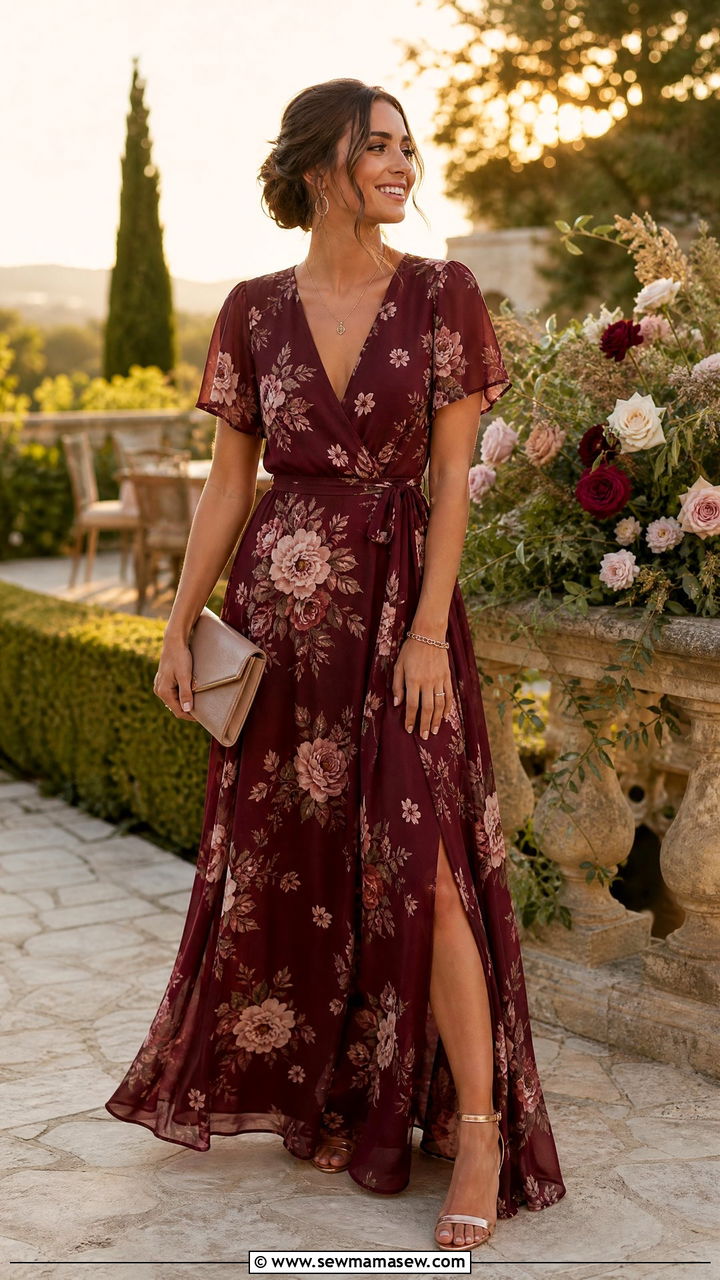 Burgundy Floral Maxi Dress With Neutral Clutch - 25 Burgundy wedding guest dress outfit ideas