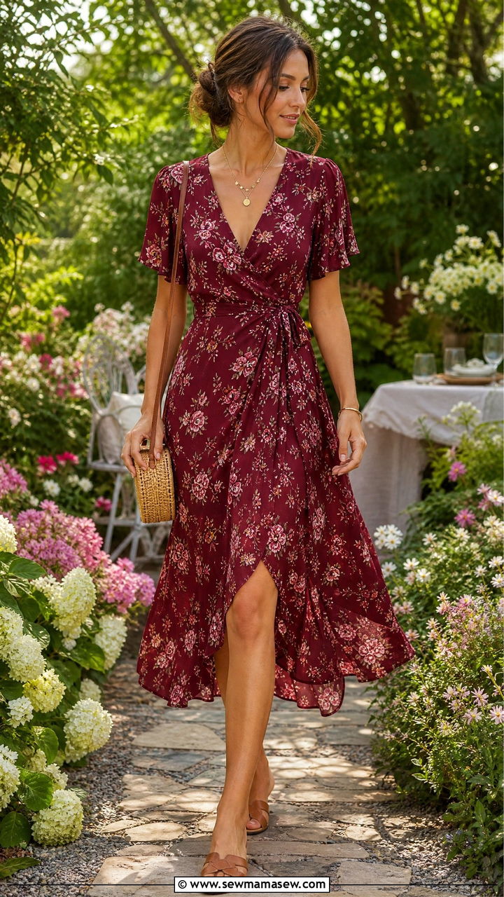 Burgundy Floral Print Dress With Sandals - 30 Summer outfits in burgundy