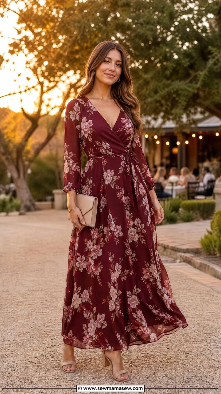 Burgundy Floral Print Maxi Dress With Block Heels - 30 classy spring wedding guest outfit ideas