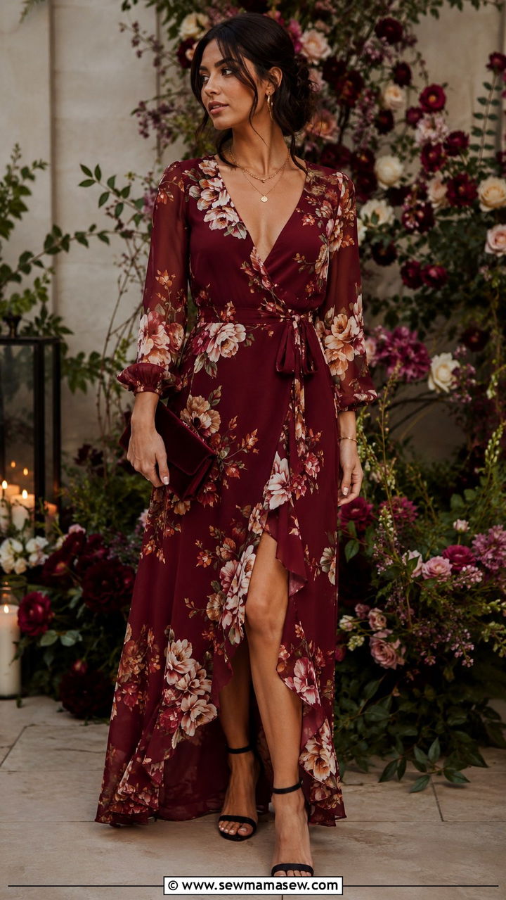 Burgundy Floral Wrap Maxi Dress Wedding - 25 seasonal spring wedding guest outfit ideas