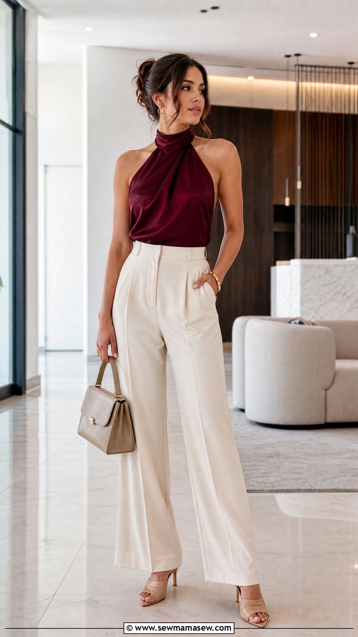 Burgundy Halter Neck Top With Wide Trousers - 30 Summer outfits in burgundy
