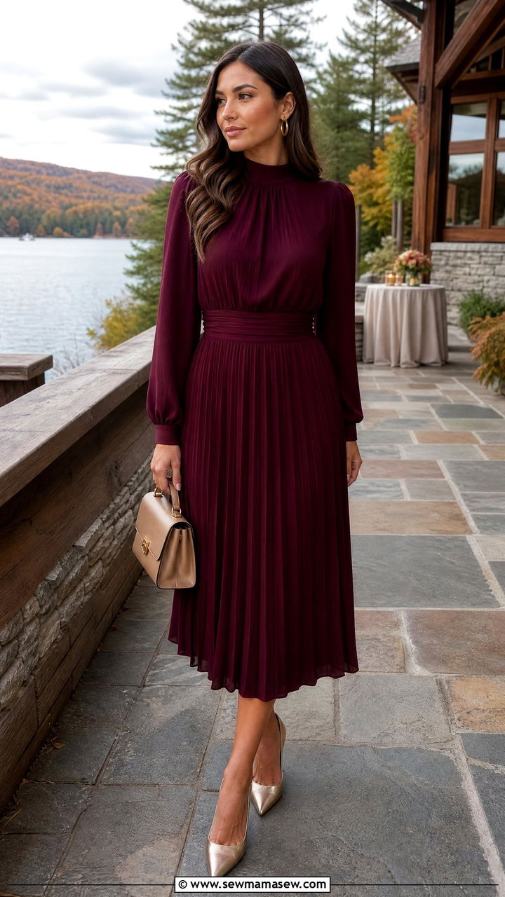 Burgundy High Neck Pleated Midi Dress - 25 Burgundy wedding guest dress outfit ideas