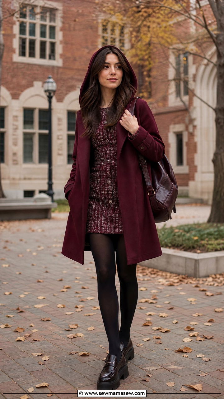 Burgundy Hooded Coat Over A Tweed Mini Dress With Opaque Tights And Loafers - 35 Hooded coat outfit ideas
