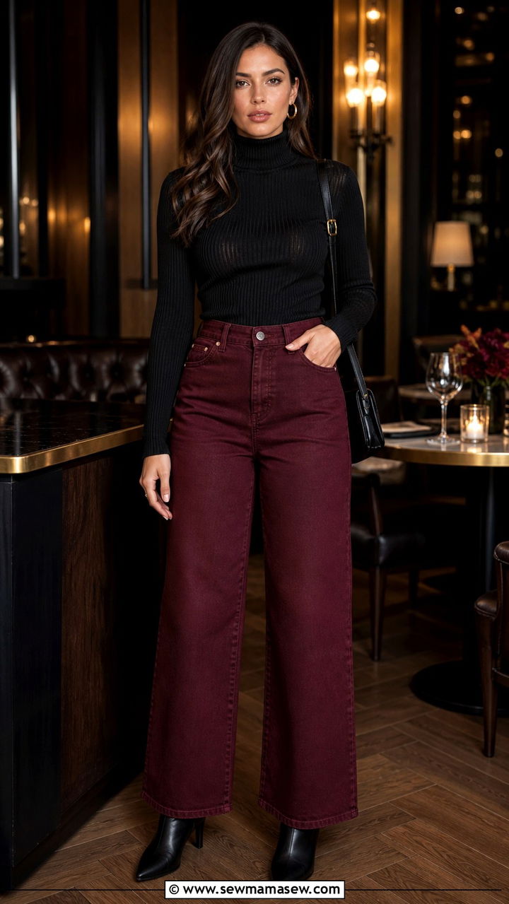 Burgundy Jeans With Black Turtleneck And Ankle Boots - 40 Colored jeans outfit ideas