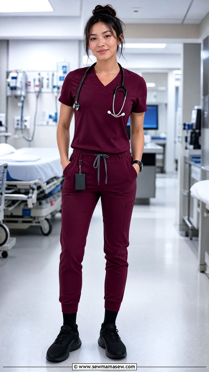 Burgundy Jogger Scrub Set With Black Athletic Shoes - 30 ER nurse outfit ideas