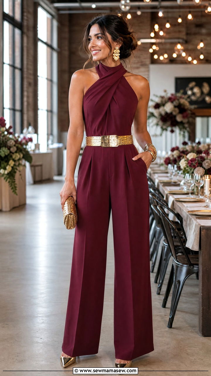 Burgundy Jumpsuit With Gold Accessories - 25 Burgundy wedding guest dress outfit ideas