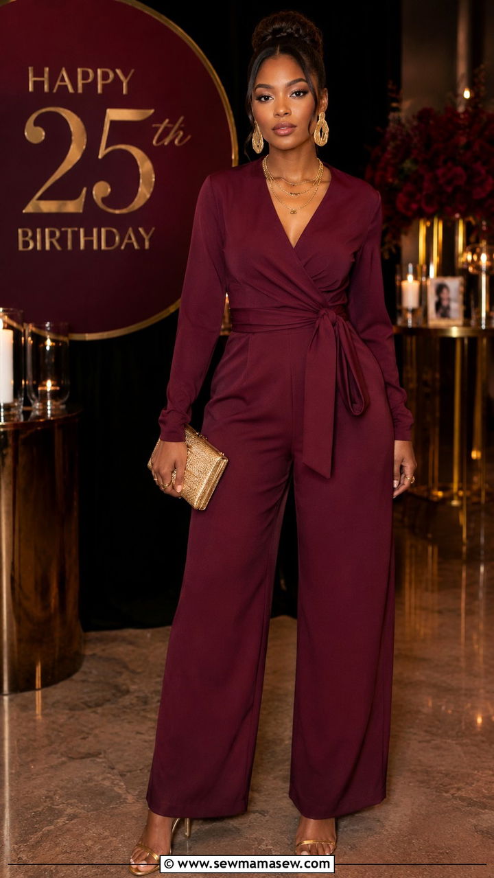 Burgundy Jumpsuit with Gold Accessories - 25 seasonal birthday outfit ideas