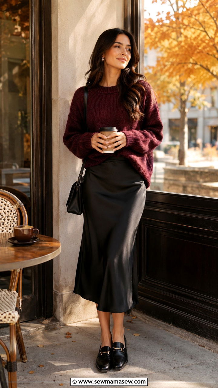 Burgundy Knit Sweater With Satin Skirt and Loafers - 30 casual satin skirt outfits
