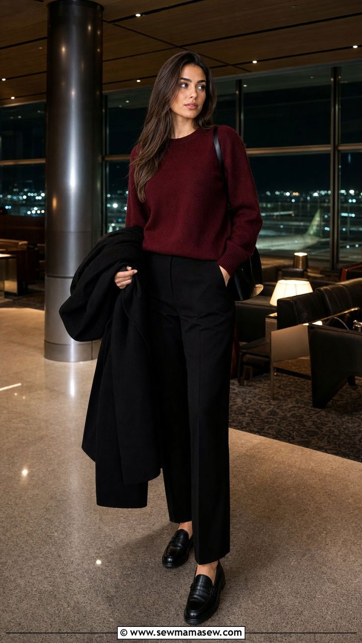 Burgundy Knit Top And Black Trousers - 35 Airport outfit ideas old money