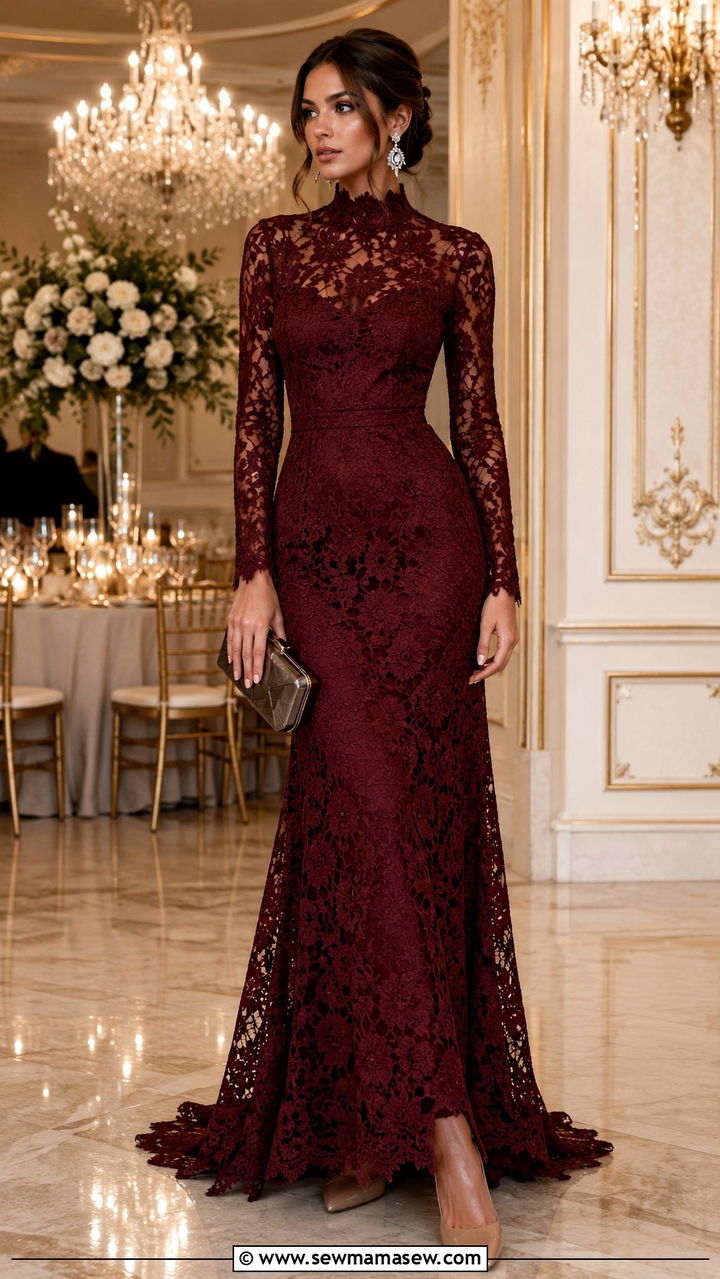 Burgundy Lace Gown With Pointed Heels - 20 Wedding guest outfit ideas lace dress 2026