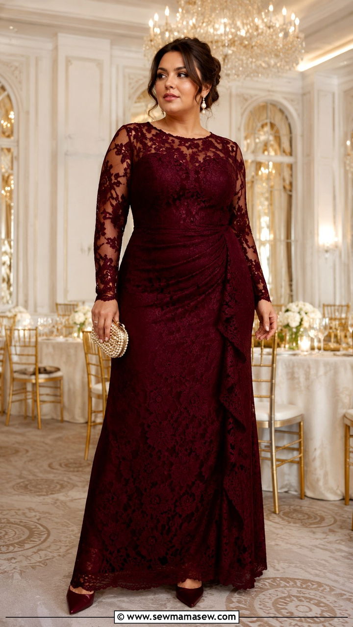 Burgundy Lace Illusion Floor Length Gown - 25 Wedding guest outfit ideas size 14