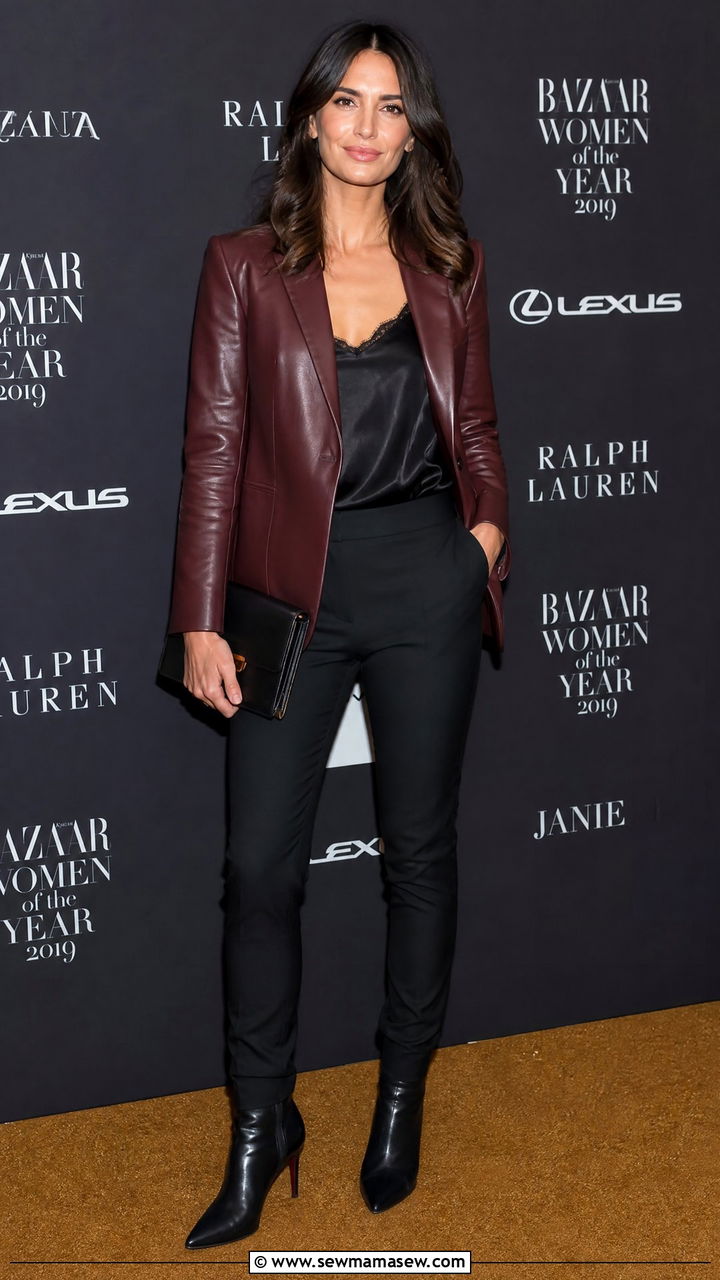 Burgundy Leather Blazer Over Black Trousers And A Silk Top - 30 Marketer outfit ideas