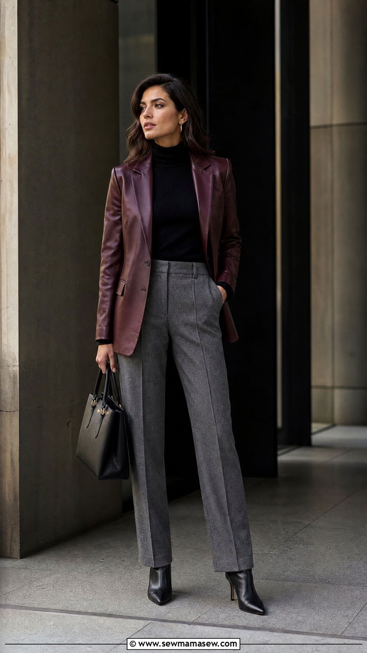 Burgundy Leather Blazer With Grey Wool Trousers And Black Turtleneck - 35 Modern office outfit ideas