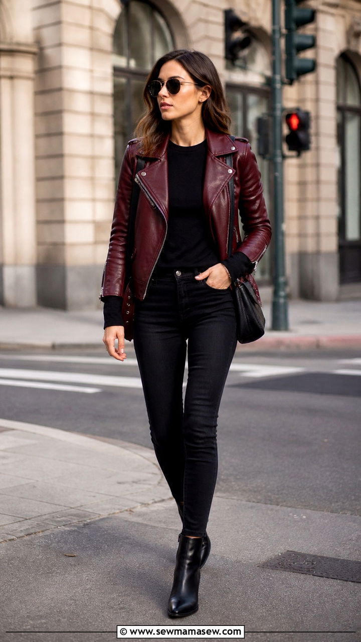 Burgundy Leather Jacket With All Black Outfit - 40 casual leather jacket outfits